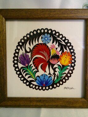 Roma’s Polish Paper Cut Outs Art Piece Colorful Rooster & Flowers Signed Framed